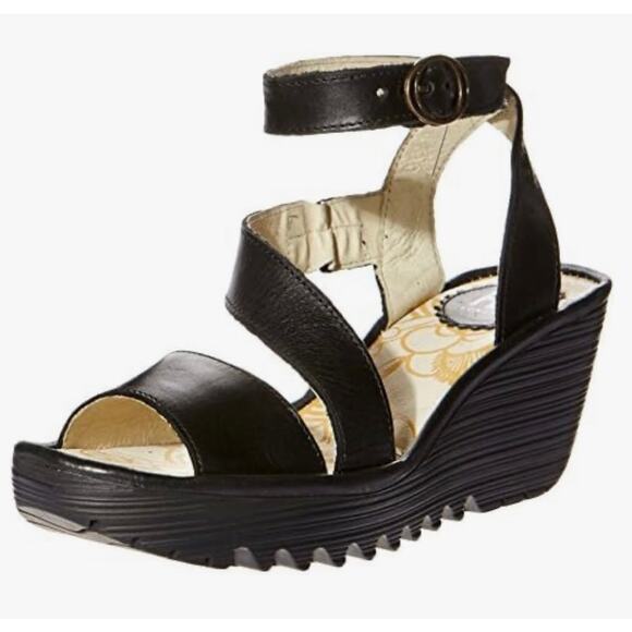 FLY London Yesk Black Leather Ankle Wrap strappy wedge rip and grip eu sz 38 - Picture 3 of 16